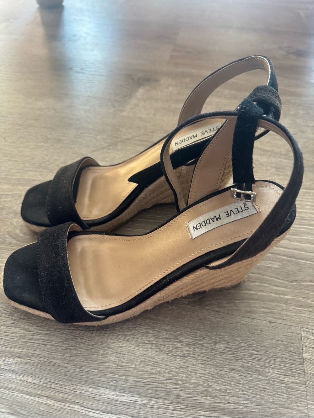 Steve Madden Black Suede Espadrille Wedge Sandals with Ankle Strap